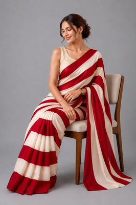 Red printed satin saree with blouse 2