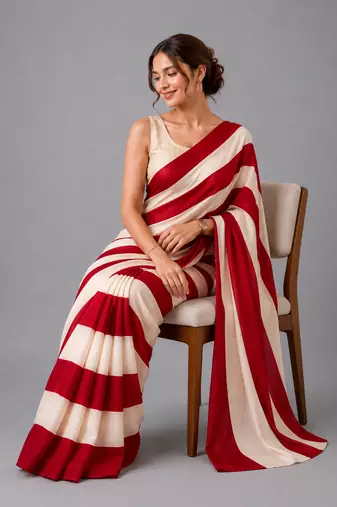 Red printed satin saree with blouse