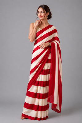 Red printed satin saree with blouse 3