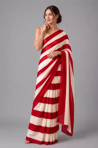 Red printed satin saree with blouse