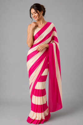 Pink printed satin saree with blouse 1