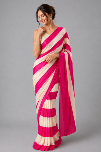 Pink printed satin saree with blouse