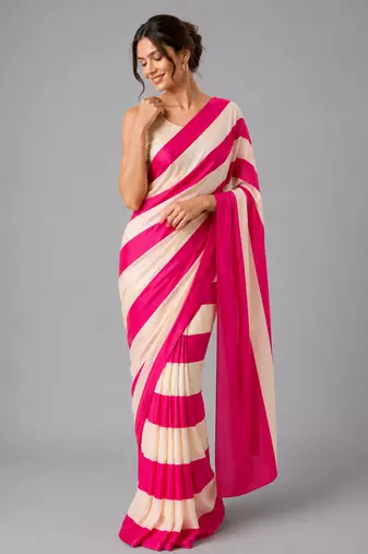 Pink printed satin saree with blouse