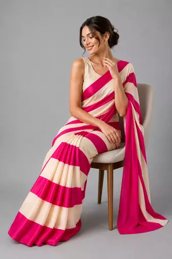 Pink printed satin saree with blouse