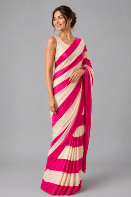 Pink printed satin saree with blouse 3