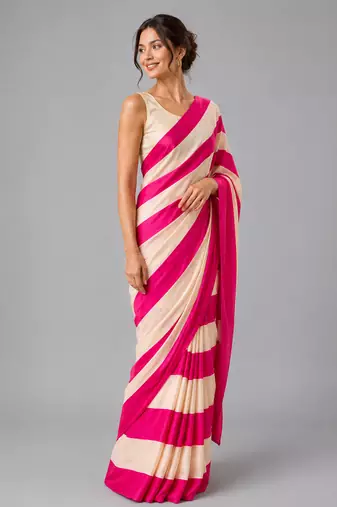Pink printed satin saree with blouse