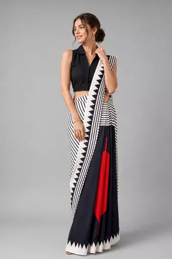 White printed satin saree with blouse