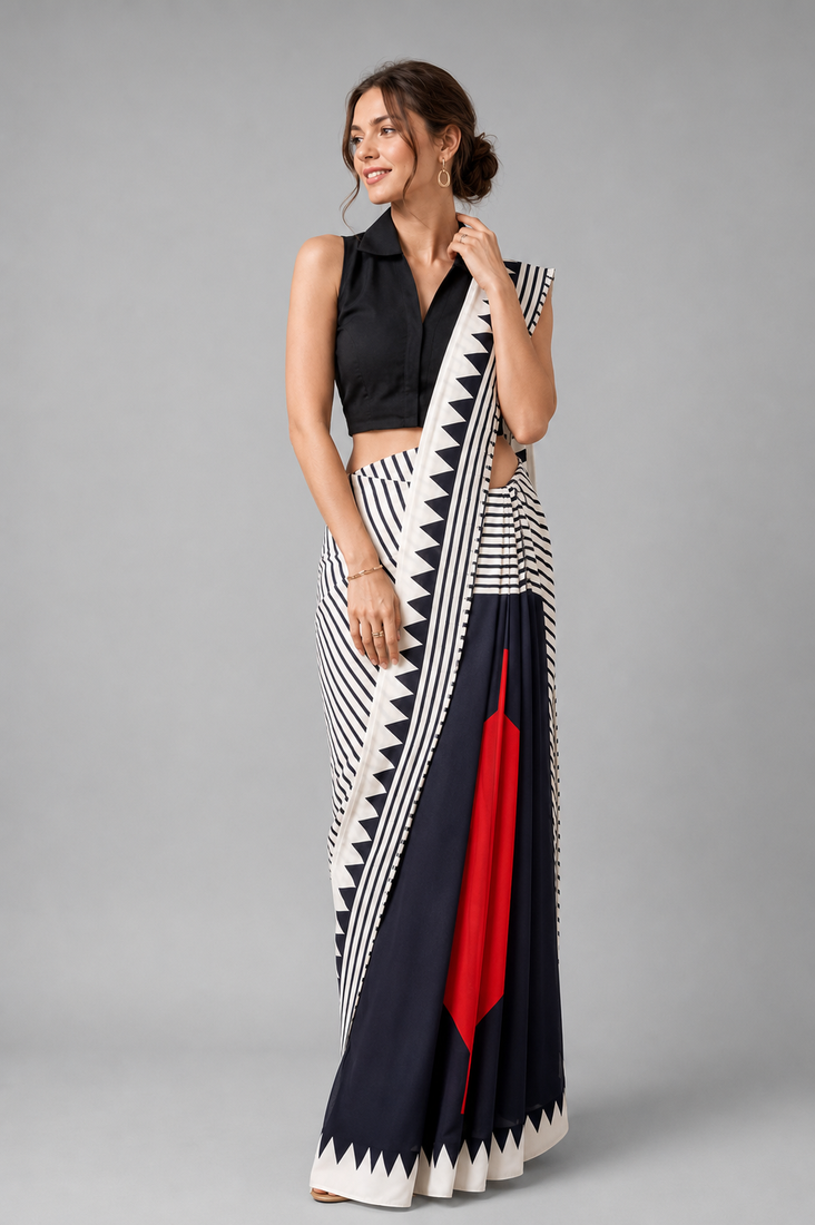 White printed satin saree with blouse