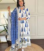 Floral Printed Pure Cotton V Neck Kurta Trouser & Dupatta Set