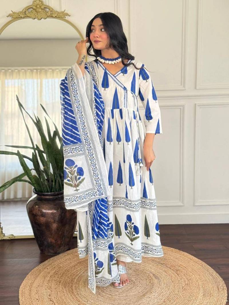 Floral Printed Pure Cotton V Neck Kurta Trouser & Dupatta Set