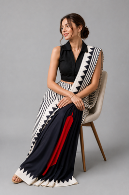 White printed satin saree with blouse 2
