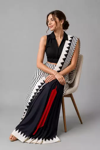 White printed satin saree with blouse