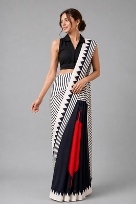White printed satin saree with blouse 3