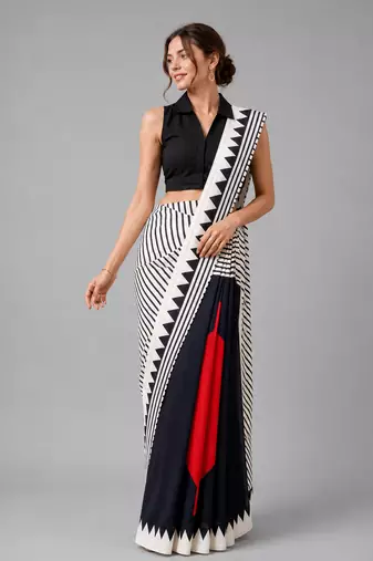 White printed satin saree with blouse