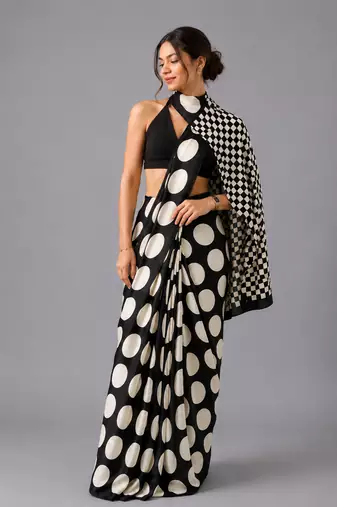 Black printed satin saree with blouse