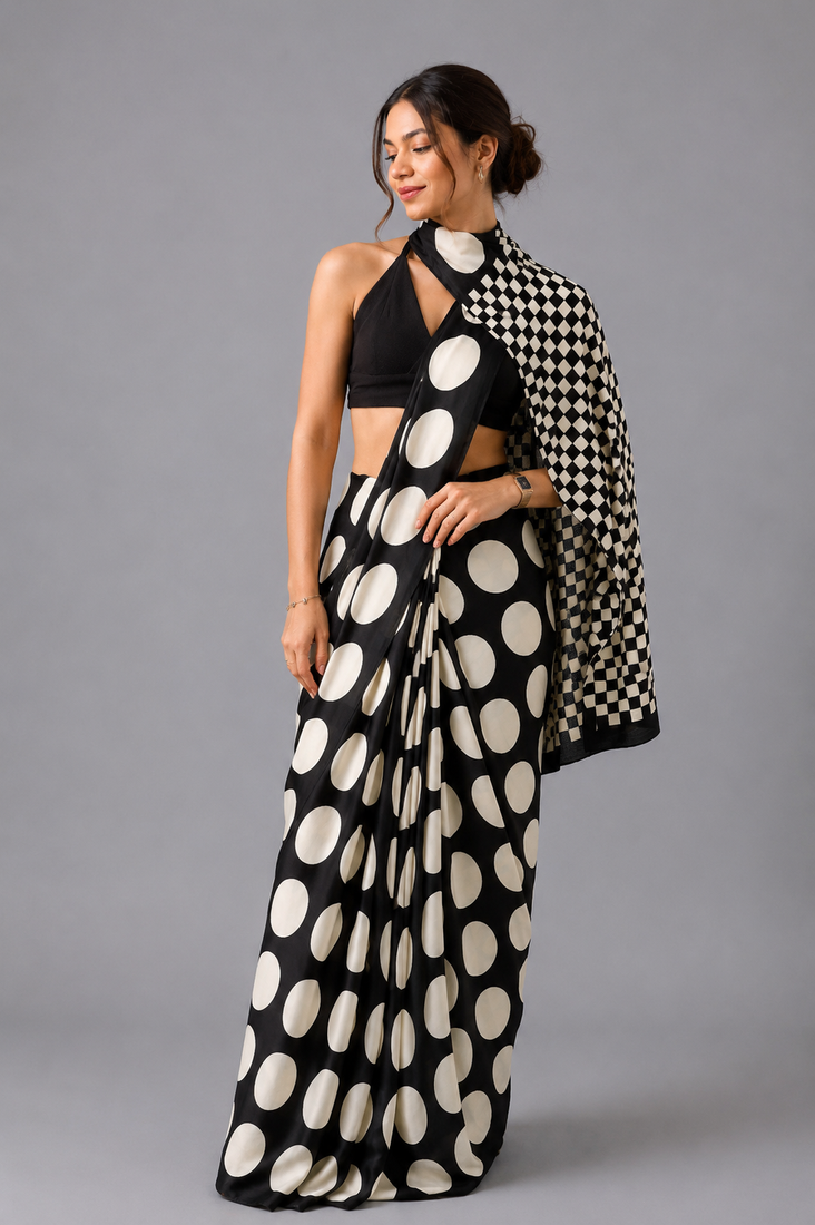 Black printed satin saree with blouse