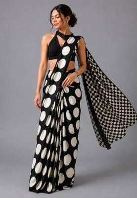 Black printed satin saree with blouse 2