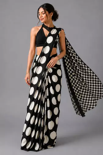 Black printed satin saree with blouse