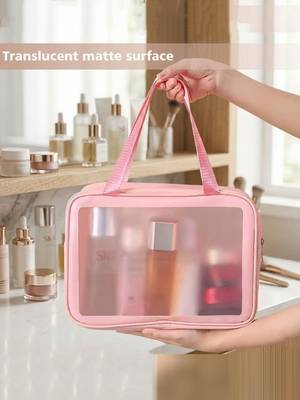 Cosmetic bag makeup pouches for brush accessories with handle waterprof travel wash bag toiletry storage organizer peach 2