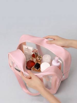 Cosmetic bag makeup pouches for brush accessories with handle waterprof travel wash bag toiletry storage organizer peach 4