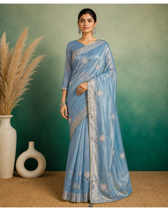 Sky-Blue Embroidery Floral Moti Beats Work And Gold Span (Organza) Fabric Saree With Unstitched Blouse  1