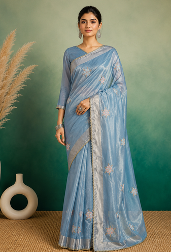Sky-Blue Embroidery Floral Moti Beats Work And Gold Span (Organza) Fabric Saree With Unstitched Blouse 