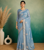 Sky-Blue Embroidery Floral Moti Beats Work And Gold Span (Organza) Fabric Saree With Unstitched Blouse 