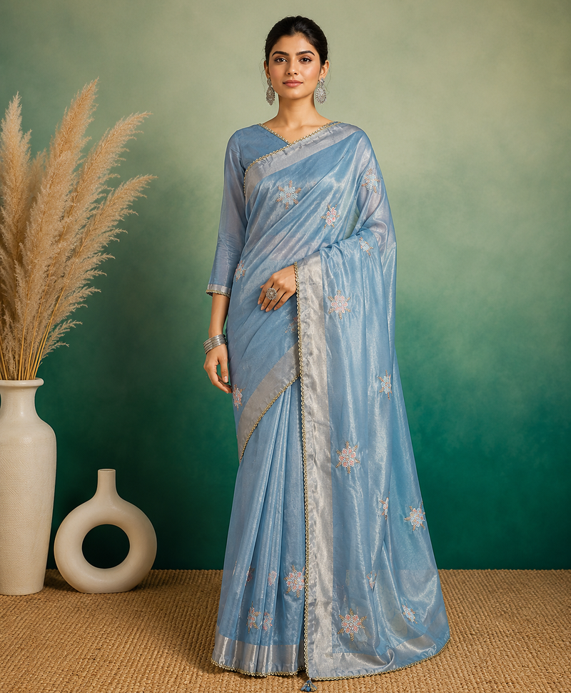 Sky-Blue Embroidery Floral Moti Beats Work And Gold Span (Organza) Fabric Saree With Unstitched Blouse 