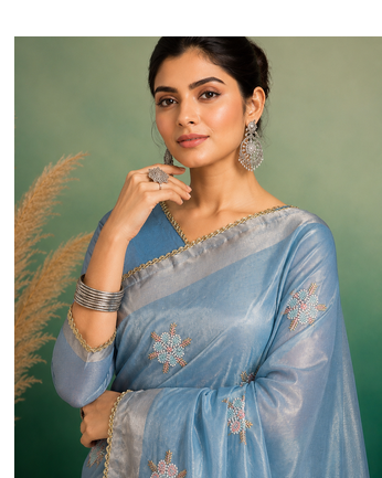 Sky-Blue Embroidery Floral Moti Beats Work And Gold Span (Organza) Fabric Saree With Unstitched Blouse  2