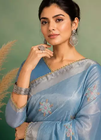 Sky-Blue Embroidery Floral Moti Beats Work And Gold Span (Organza) Fabric Saree With Unstitched Blouse 