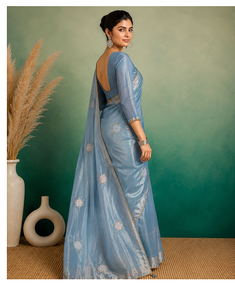 Sky-Blue Embroidery Floral Moti Beats Work And Gold Span (Organza) Fabric Saree With Unstitched Blouse  3