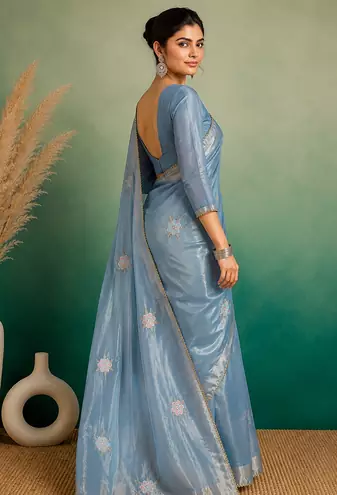 Sky-Blue Embroidery Floral Moti Beats Work And Gold Span (Organza) Fabric Saree With Unstitched Blouse 