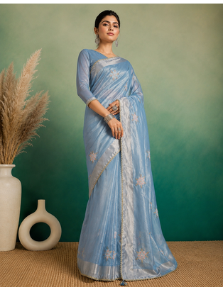 Sky-Blue Embroidery Floral Moti Beats Work And Gold Span (Organza) Fabric Saree With Unstitched Blouse  4