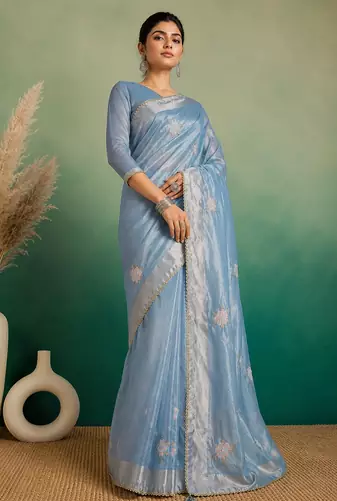 Sky-Blue Embroidery Floral Moti Beats Work And Gold Span (Organza) Fabric Saree With Unstitched Blouse 