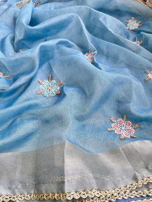 Sky-Blue Embroidery Floral Moti Beats Work And Gold Span (Organza) Fabric Saree With Unstitched Blouse  5