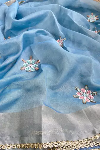 Sky-Blue Embroidery Floral Moti Beats Work And Gold Span (Organza) Fabric Saree With Unstitched Blouse 