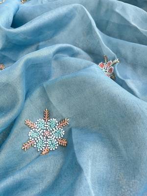 Sky-Blue Embroidery Floral Moti Beats Work And Gold Span (Organza) Fabric Saree With Unstitched Blouse  6