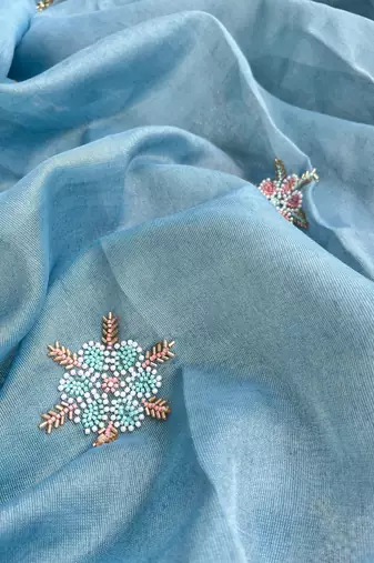 Sky-Blue Embroidery Floral Moti Beats Work And Gold Span (Organza) Fabric Saree With Unstitched Blouse 