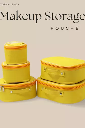 Makeup storage box travelling vanity cosmetic toiletry bag  jewellery case wardrobe organizer pouches set of 5 mustard