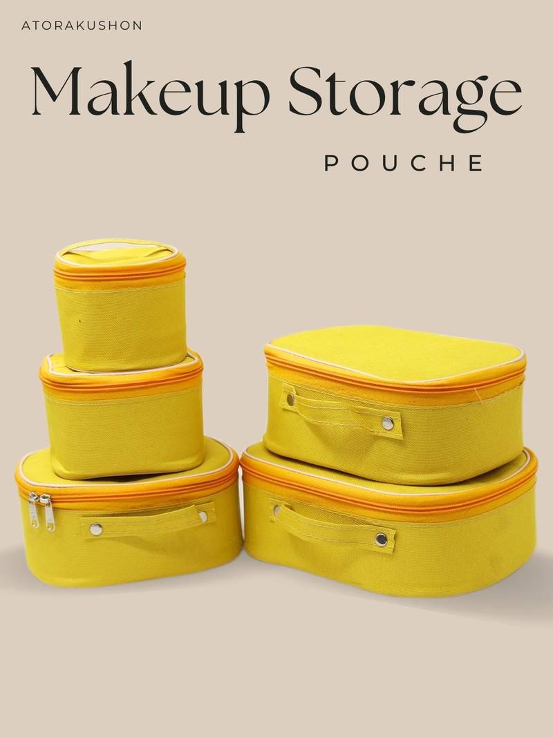 Makeup storage box travelling vanity cosmetic toiletry bag  jewellery case wardrobe organizer pouches set of 5 mustard