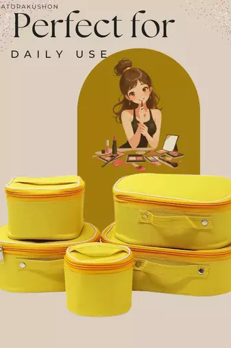 Makeup storage box travelling vanity cosmetic toiletry bag  jewellery case wardrobe organizer pouches set of 5 mustard