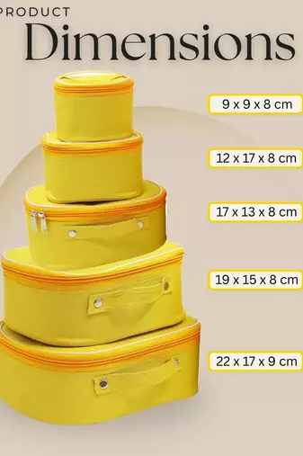 Makeup storage box travelling vanity cosmetic toiletry bag  jewellery case wardrobe organizer pouches set of 5 mustard