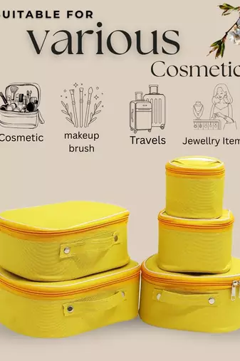 Makeup storage box travelling vanity cosmetic toiletry bag  jewellery case wardrobe organizer pouches set of 5 mustard