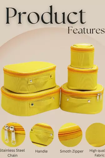 Makeup storage box travelling vanity cosmetic toiletry bag  jewellery case wardrobe organizer pouches set of 5 mustard