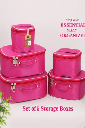 Makeup storage box travelling vanity cosmetic toiletry bag  jewellery case wardrobe organizer pouches set of 5 pink