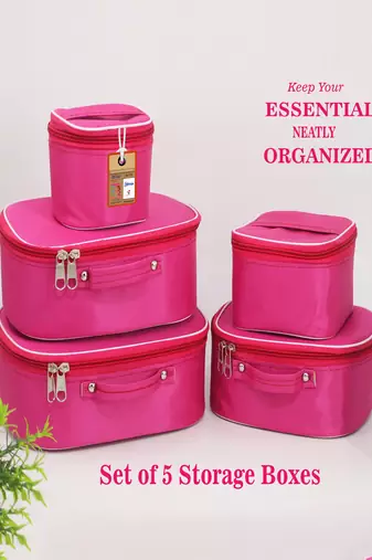 Makeup storage box travelling vanity cosmetic toiletry bag  jewellery case wardrobe organizer pouches set of 5 pink