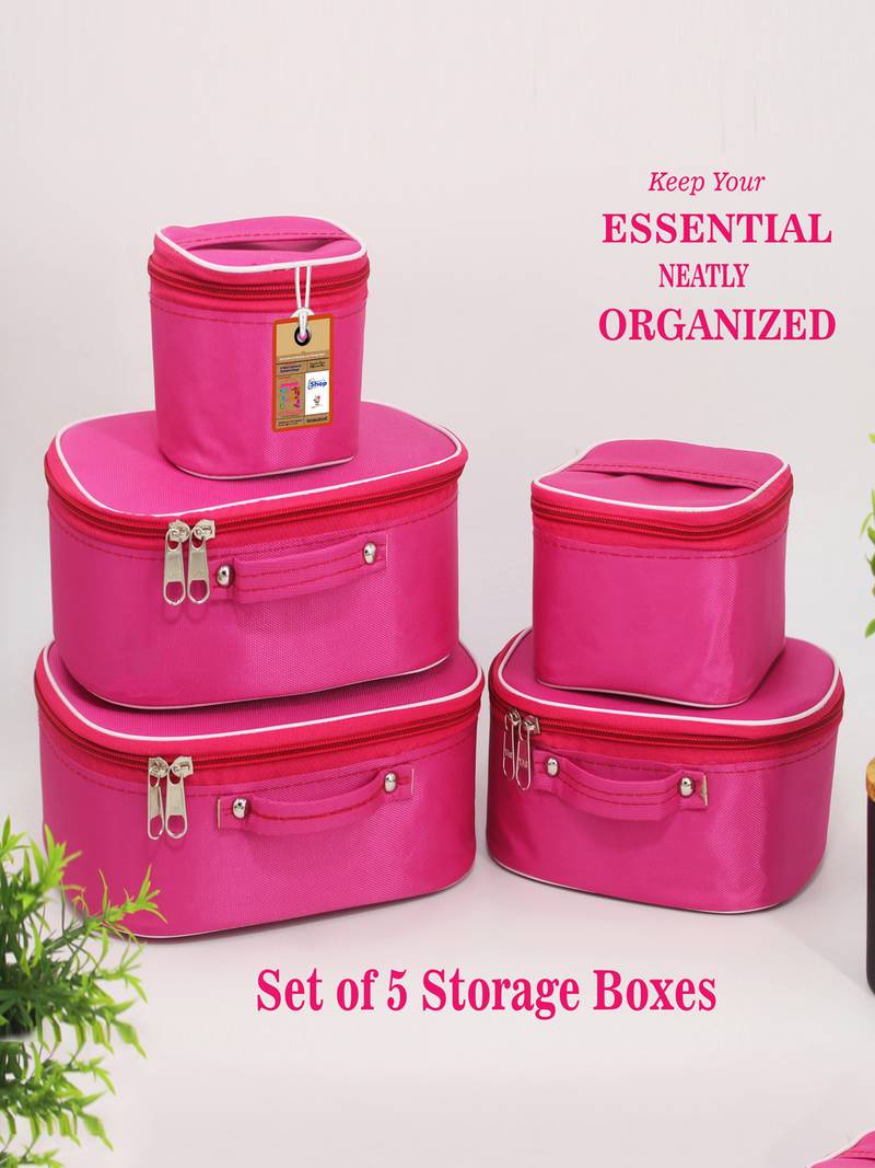 Makeup storage box travelling vanity cosmetic toiletry bag  jewellery case wardrobe organizer pouches set of 5 pink