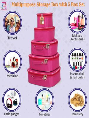 Makeup storage box travelling vanity cosmetic toiletry bag  jewellery case wardrobe organizer pouches set of 5 pink 3