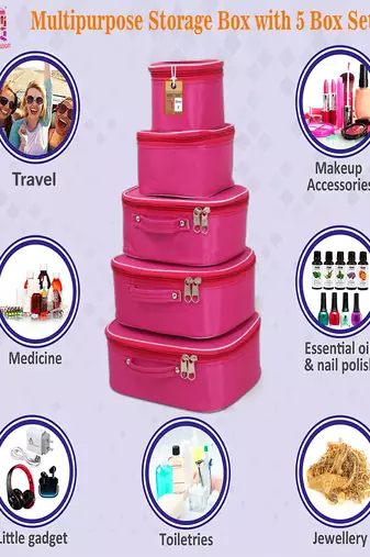 Makeup storage box travelling vanity cosmetic toiletry bag  jewellery case wardrobe organizer pouches set of 5 pink