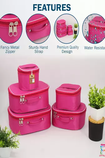 Makeup storage box travelling vanity cosmetic toiletry bag  jewellery case wardrobe organizer pouches set of 5 pink